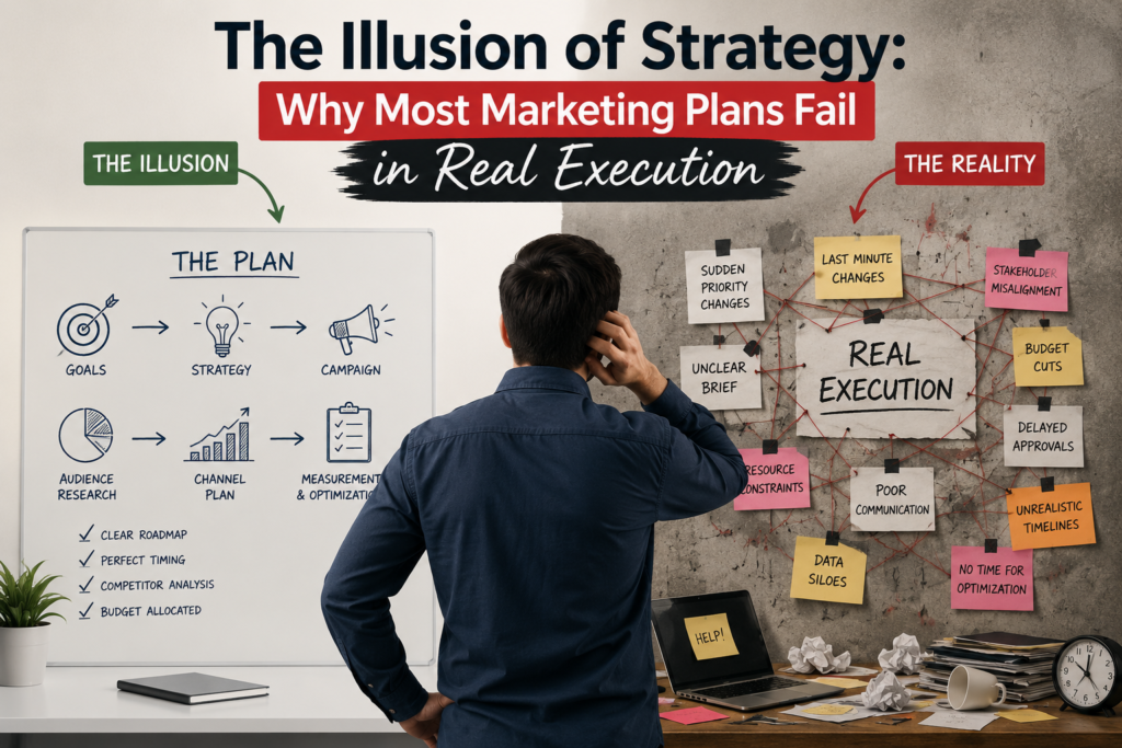 Illustration showing the gap between marketing strategy and real execution, comparing ideal marketing plans with operational challenges like poor communication, budget cuts and stakeholder misalignment.