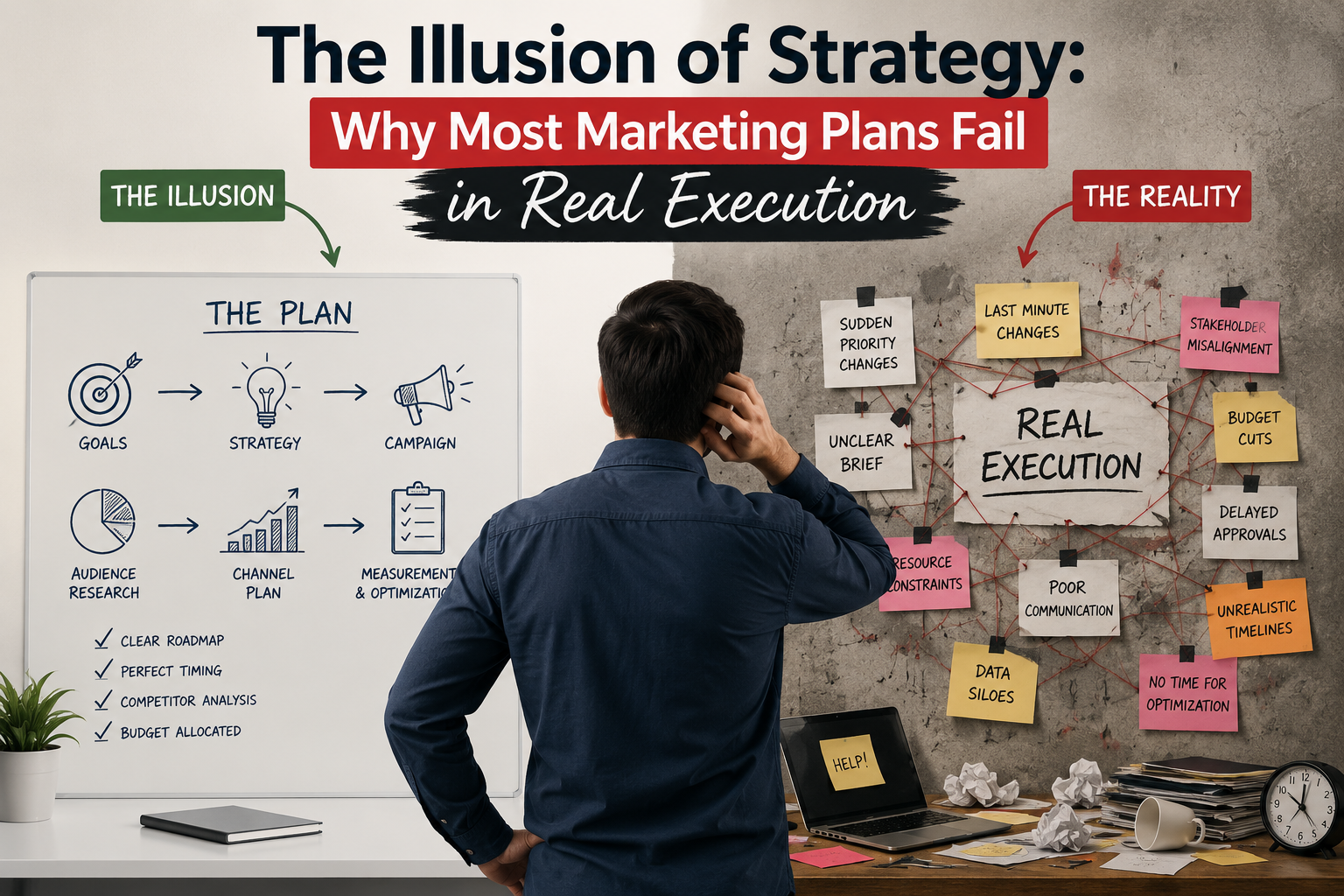 Illustration showing the gap between marketing strategy and real execution, comparing ideal marketing plans with operational challenges like poor communication, budget cuts and stakeholder misalignment.