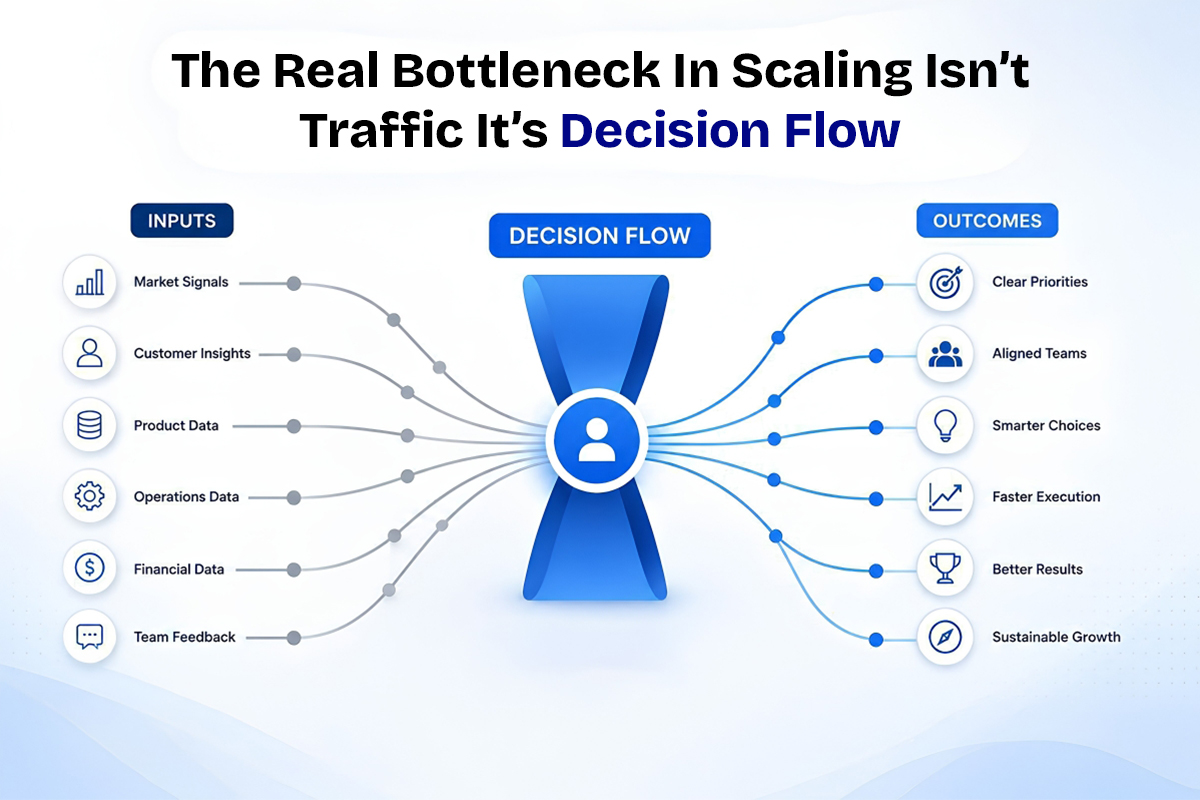 Visual explaining how decision flow impacts business scaling by turning market insights and operational data into faster execution, aligned teams and sustainable growth.