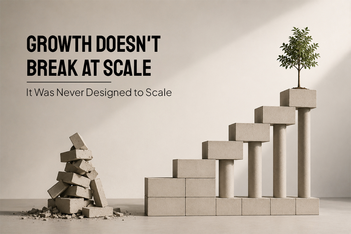 Illustration of scalable business growth showing unstable stacked blocks beside a structured growth staircase symbolising sustainable scaling systems.