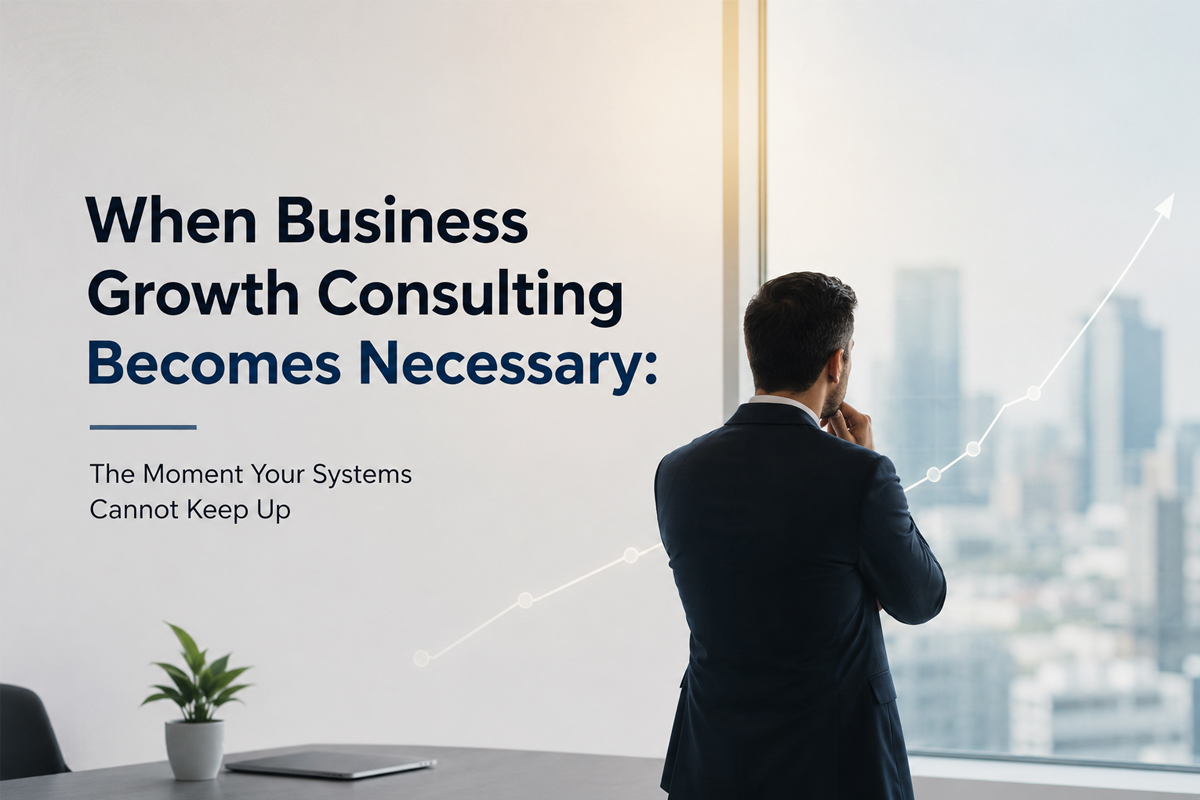 Business leader evaluating company growth while reviewing scalable systems and processes for sustainable business growth consulting.