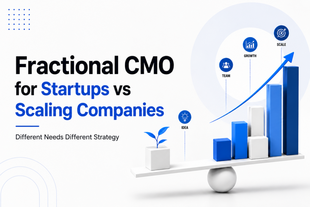 Fractional CMO for startups vs scaling companies with a visual of different growth strategies
