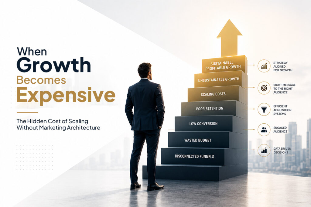 Marketing strategy framework showing how businesses move from wasted budget and disconnected funnels to sustainable profitable growth