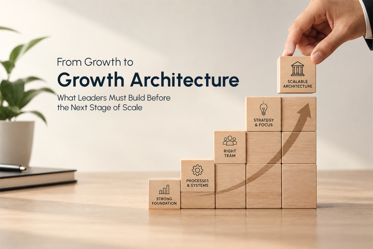 Growth architecture framework showing a business scaling through strong foundations, processes, team and strategy