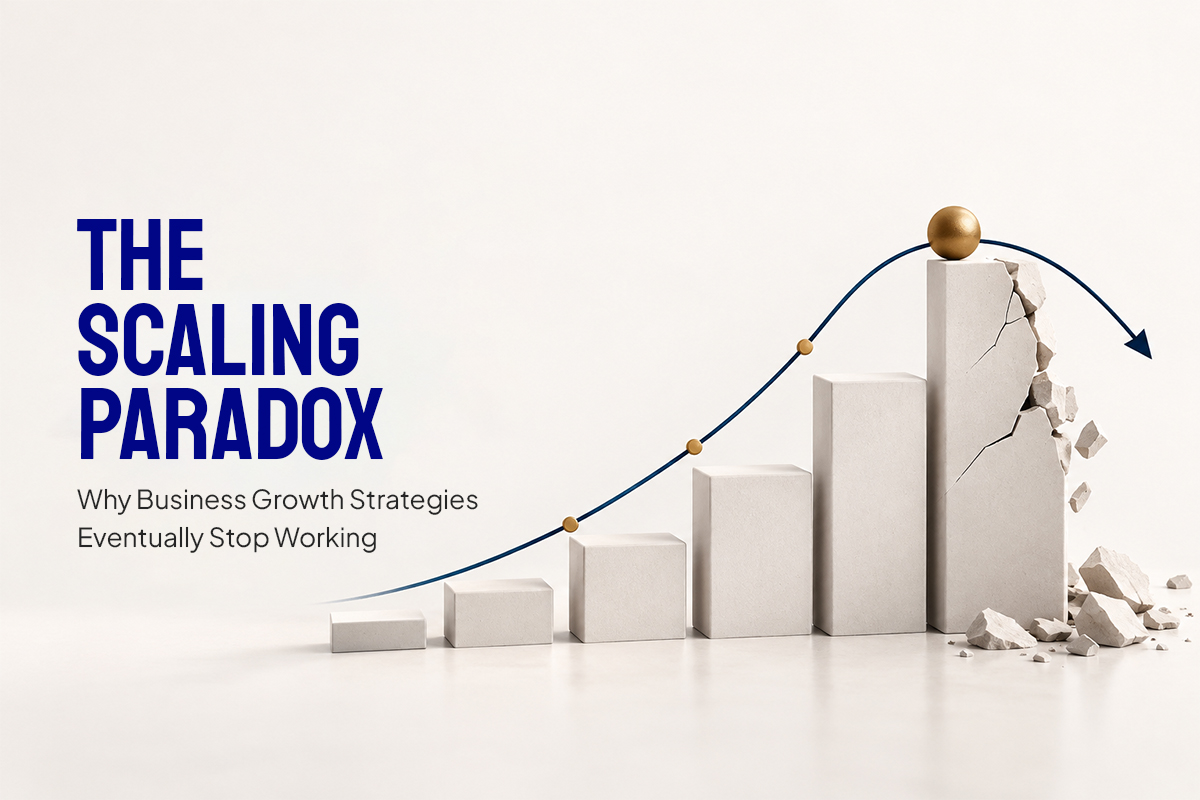 Business growth strategy represented by rising steps and a collapsing final pillar