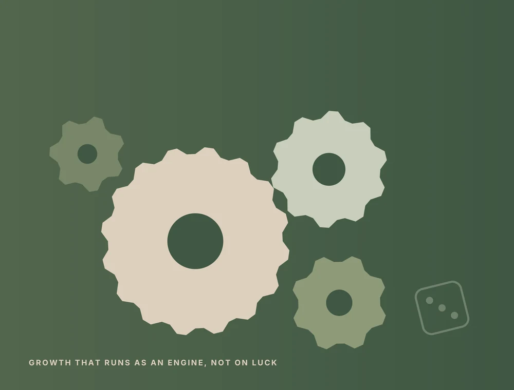 Illustration: interlocking gears forming a growth engine, with a faded dice for luck