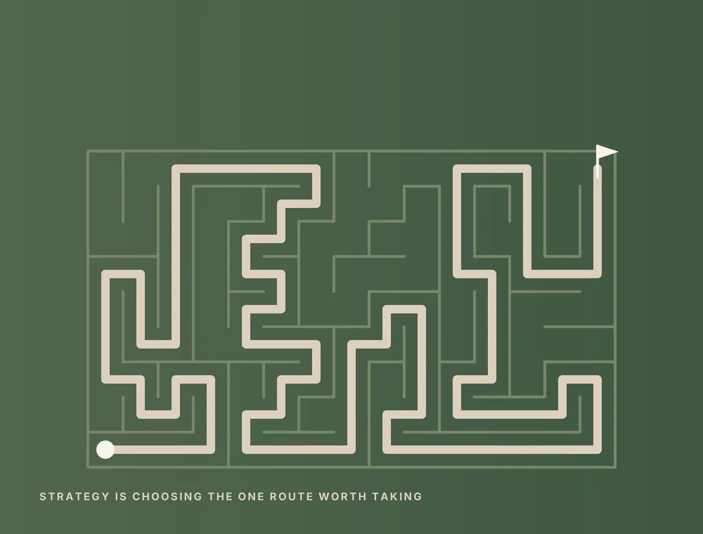 Illustration: a maze with one clear route to the flag, marketing strategy as choosing the route